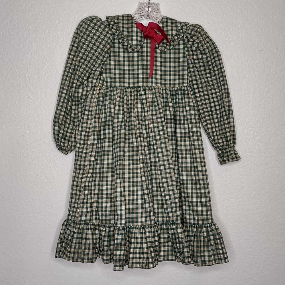 Daisy Kingdom 80's Factory Made Dress Size 4 Green Plaid USA Long Sleeve Vintage